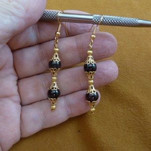 red Chinese Garnet gemstone 8mm 2 bead gold tone filigree cap wire hook dangle earrings EE481-11