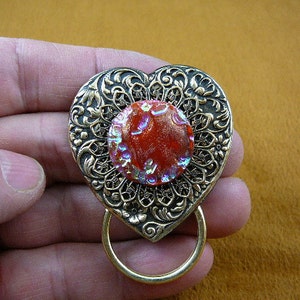 iridescent Red Pink textured Czech glass button on heart shaped flower scrolled Eyeglass pin pendant ID badge holder E-364