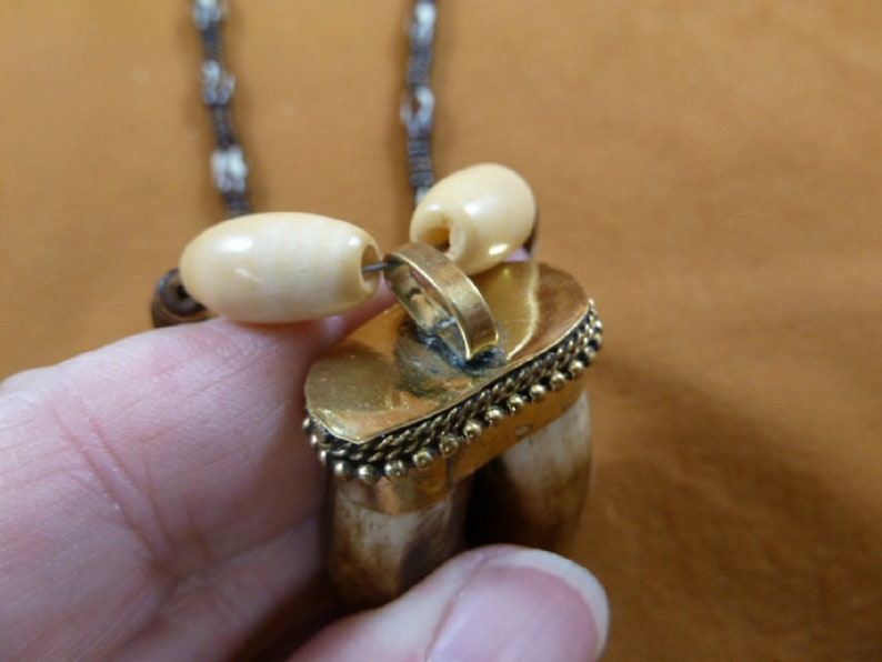 Tibetan Water Buffalo bone brass capped pendant black white cow bone bead 21 inch long beaded Necklace jewelry V640-3