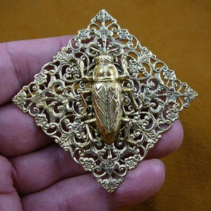 small Cockroach roach bug bugs Buprestid beetle insect fun diamond shaped filigree scrolled brass pin pendant Wild B-Bug-121