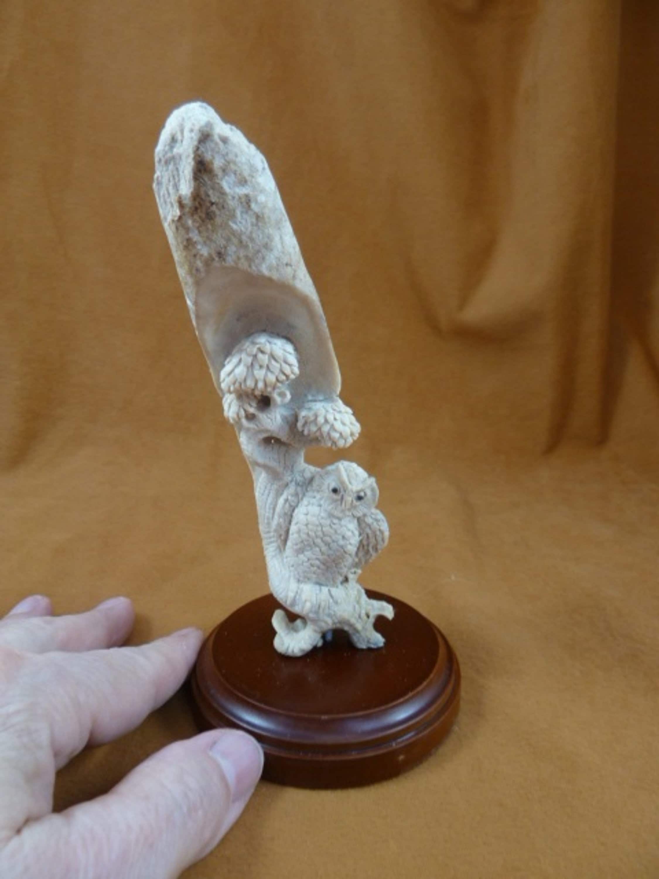 little white Horned Owl with trees of shed ANTLER base figurine Bali detailed carving of shed Moose 