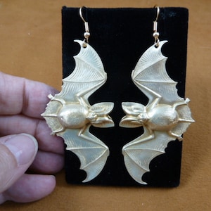 baby Bat with wings spread earrings Victorian repro brass earring pair dangle bats B-Bat-201