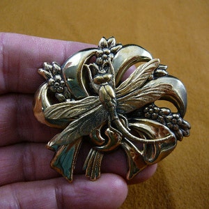 Dragonfly insect pond bug lover flower ribbon bow flowers Victorian brass pin pendant brooch B-DRAG-163