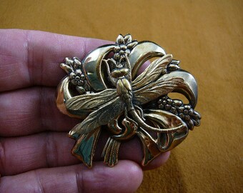 Dragonfly insect pond bug lover flower ribbon bow flowers Victorian brass pin pendant brooch B-DRAG-163