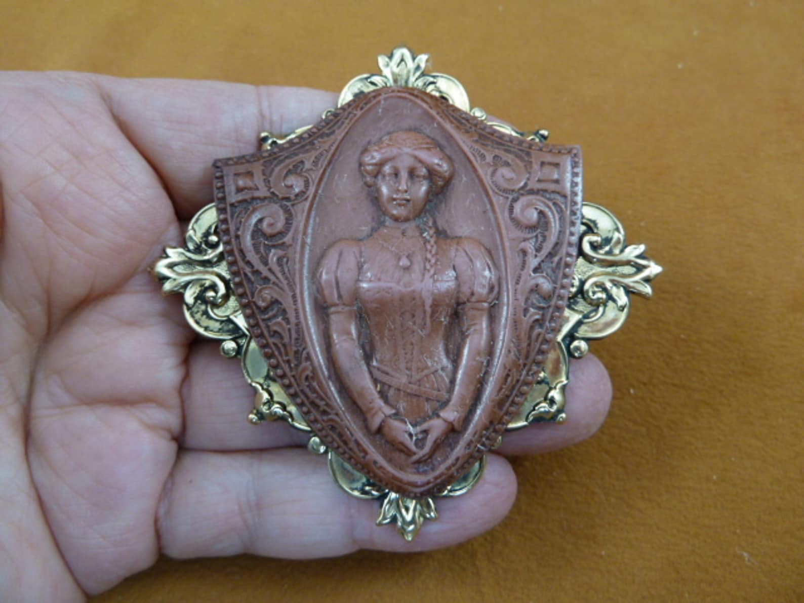 Victorian Woman on Scrolled Shield With Braid Brown Cameo Brass Pin ...
