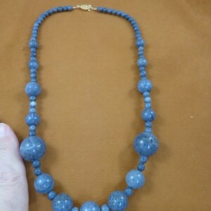 20 15 10 + 6mm blue New Zealand coral gemstone with gold tone beaded 22&quot; long statement Necklace with safety closure V46-3