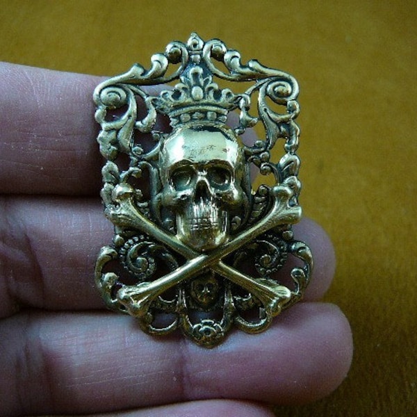 Pirate skull and crossbones dia de los muertos lover love crown filigree Victorian repro brass pin pendant B-Skull-23