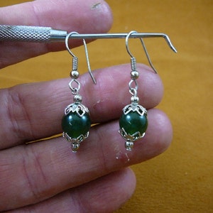 10 mm round Green Jade gemstone beaded + silver tone filigree cap and bead hook wire dangle pair of EARRINGS EE-404-45