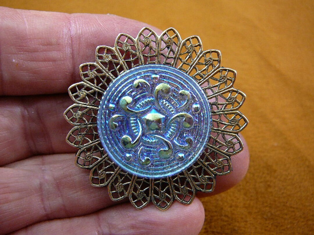 Iridescent Blue Scrolled Flower Star Design Czech 1940's Glass