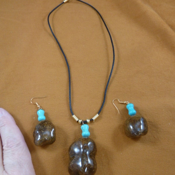 Real MOOSE Poop 1 doo doo nugget + Turquoise gemstone beaded Necklace earrings set jewelry WEIRD PP31-204