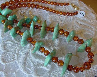 AMBER ORANGE Poland Turquoise NECKLACE earrings set wow PB-428