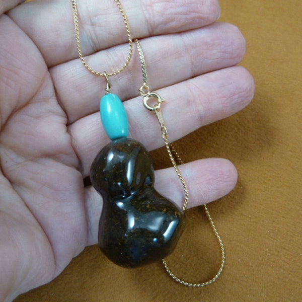 Real Moose POOP + Turquoise bead + doo doo nugget necklace pendant gold tone jewelry PP31-53