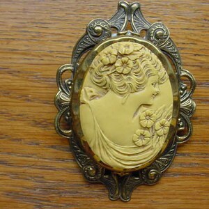 May include: An oval brooch featuring a cream-colored relief carving of a person in profile with flowers in their hair and on their shoulder. The carving is set within an ornate, dark metallic frame with intricate scrollwork and filigree detailing.