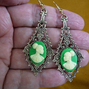 RARE African American LADY lime green + ivory CAMEO decorative filigree scrolled brass dangle Earrings jewelry (CAE1-28)