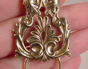 Scrolled flowers brass Eyeglass pin brooch ID badge holder E-360