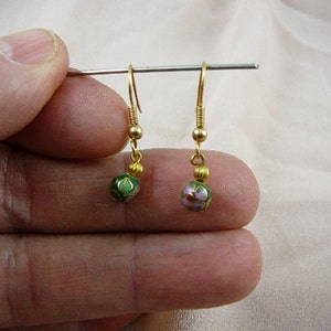 Green with pink flower 6 mm round Cloisonne one bead gold dangle earring pair EE-600-3