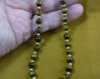 16 inch long Brown tan tiger's eye tiger-eye round and gold Beads bead beaded Necklace jewelry V311-5