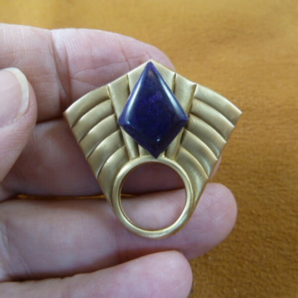 Dark purple charoite gemstone on striped art deco brass Eyeglass pin pendant ID badge holder E795-1