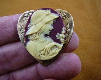 GIRL in wearing sun Hat flowers CAMEO Pin Pendant Jewelry brooch necklace repro Brass CM10-3