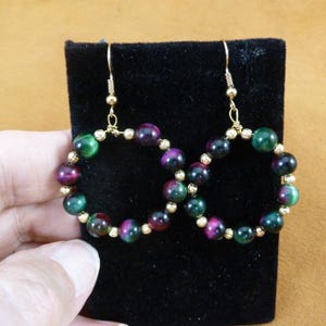 Ruby Zoisite gemstone hoop loop circle beaded 6 mm round bead gold wire dangle pair of EARRINGS EE800-17