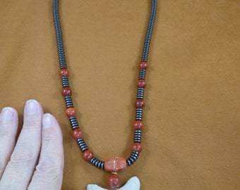 2-1/16" Fossil Megalodon Shark Tooth 20 inch long hematite and red sponge coral bead beaded necklace JEWELRY gold wired S255-13
