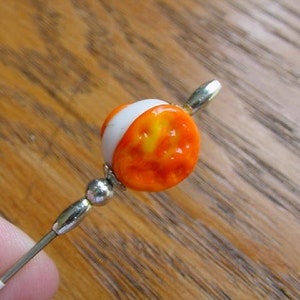 little miniature orange and white cream filled cookie glass bead with silver beads beaded hatpin ladies pin hat U-75
