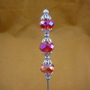 three Red iridescent 10 x 8 mm faceted glass beads silver bead and filigree cap beaded hatpin ladies pin hat U70-54