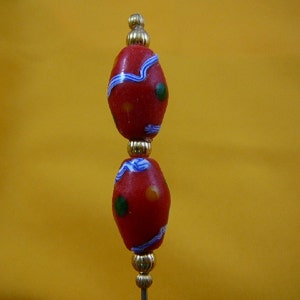Red with blue white striped and green dot design glass 2 bead gold tone beaded hatpin ladies pin for hat U288-6