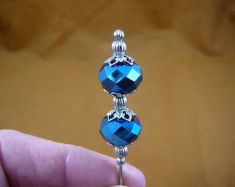Two bead blue iridescent faceted glass beaded filigree cap and silver beads hatpin ladies pin hat U-70-14