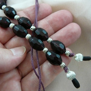 clear Purple colored faceted glass Eyeglass leash holder necklace chain with silver tone bead  accents accessory E-277