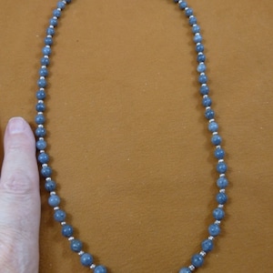6mm blue New Zealand coral gemstone + silver tone beaded 21&quot; long statement Necklace with safety closure V46-5