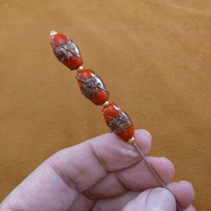 three opaque Chinese red oval striped copper with gold tone beads hatpin ladies pin hat I love hatpins accessory U283-38