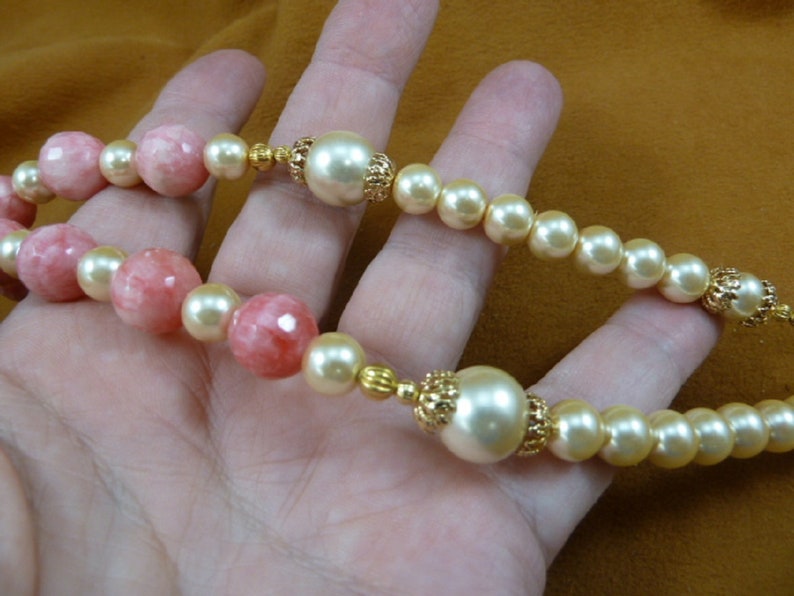 24 inch long Pink Rhodochrosite gemstone glass white pearl beaded filigree Necklace jewelry V465-1