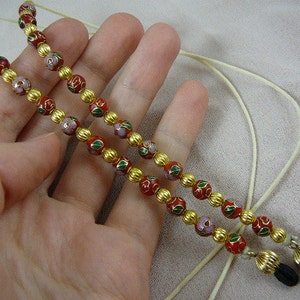 Bight Red Cloisonné round bead with pink flower beaded Eyeglass Eye glass leash holder gold necklace accessory E-55