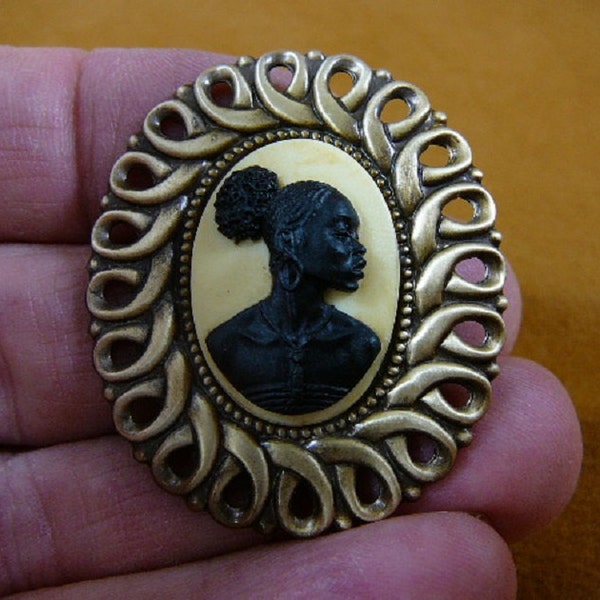 RARE African American LADY black + ivory oval CAMEO brass Pin Pendant jewelry (Ca10-15)