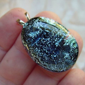blue green snakeskin shimmer sparkle black dichroic fused glass JEWELRY pendant DL-815