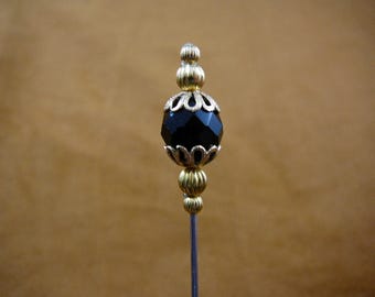 faceted black onyx gemstone bead with gold tone beaded and filigree caps beads hatpin ladies pin hat U255-10