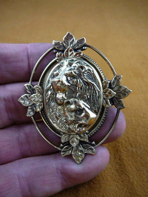 Brass Animal Face Pin - Lion/Cat Motif - Warm Brass Tone b-lion-51) Roaring lion wild cats big cat I love lions pin  main image 2