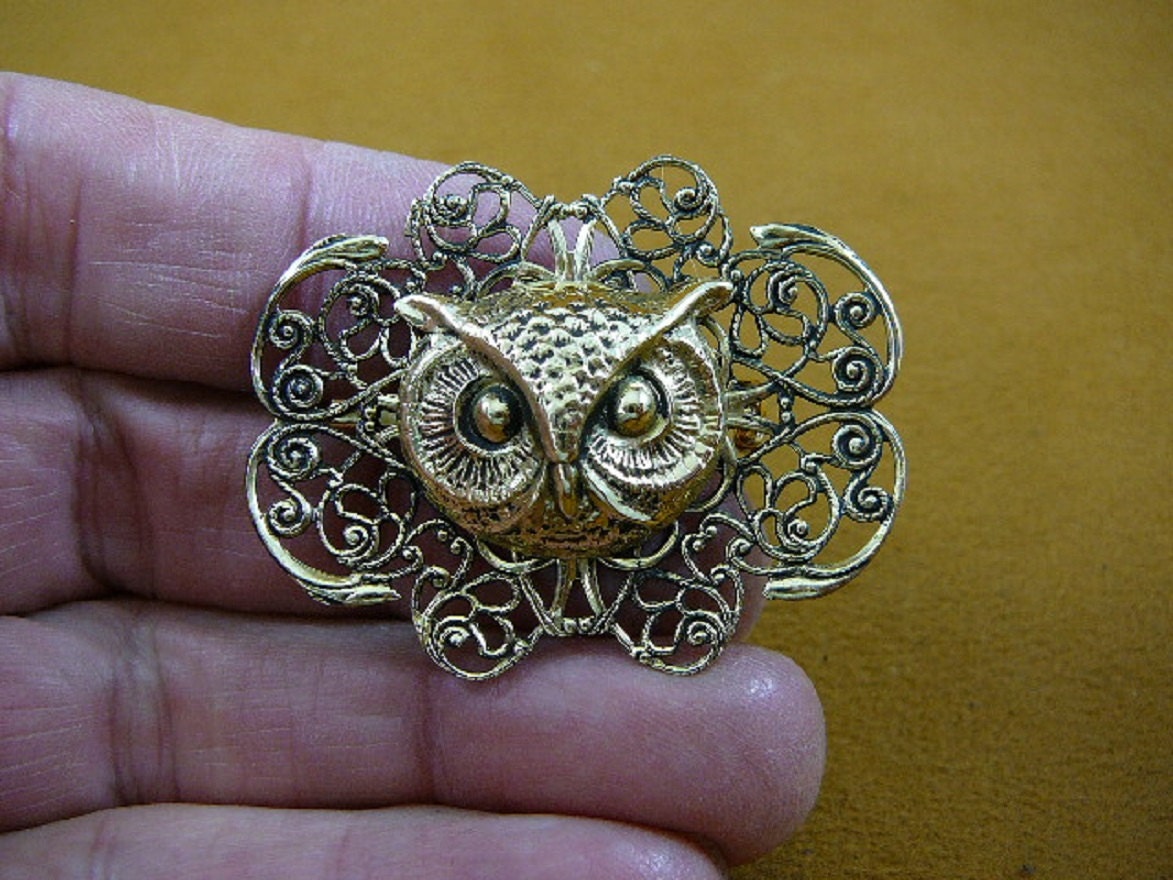 small Owl head night bird on filigree scrolled brass pin pendant I love owls lover birds B-Bird-520