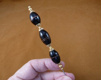 black copper swirl striped glass with gold bead beaded hatpin ladies pin hat U283-119