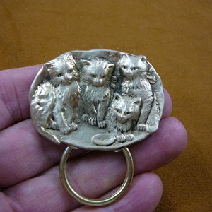 Four cats kitten with bowl of milk oval brassEyeglass pin pendant ID badge holder E-848
