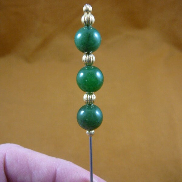 three 8mm bead Canadian green jade and gold tone beads hatpin ladies pin hat accessory U-256-17