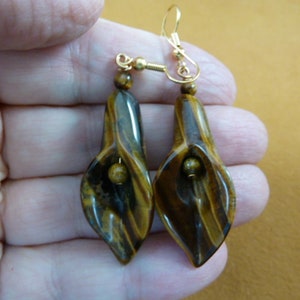 Calla Lily Brown tiger's eye tiger-eye flower bead dangle earrings with on gold tone beads pierced French wire EE-478-28