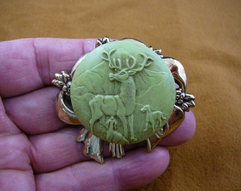 Elk Buck deer with hunting dog dogs in wild mountain on the hunt lime green CAMEO brass Pin pendant Brooch jewelry CL56-14