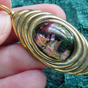Black pink green sparkle DICHROIC Fused glass cab on oblong oval repro Victorian brass pendant DB-7