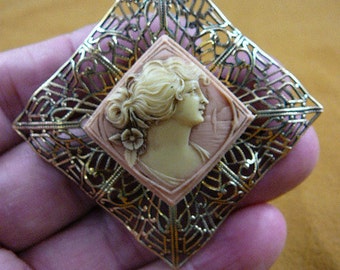 Lady flower in hiar ponytail square CAMEO Pin Pendant Jewelry brooch necklace repro Brass CM8-5