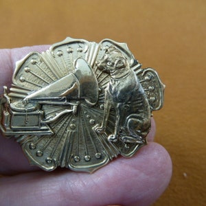 little Nipper dog and phonograph dogs lover textured floral striped oval Victorian BRASS pin pendant brooch B-DOG-109