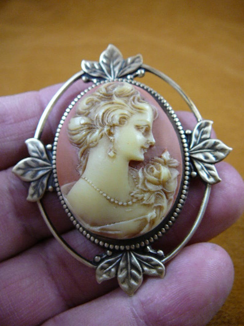 Lady with hair up with Rose on shoulder wearing pearls and earring orange peach ivory Cameo flower leaf brass pin pendant brooch cm43-55 image 1