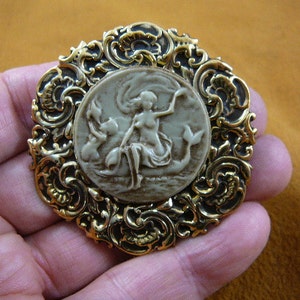 Lady riding dolphin in ocean mermaid CAMEO pin pendant brass brooch cm140-2