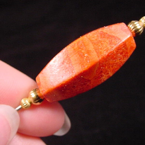 faceted Red sponge coral bead and gold tone bead hatpin ladies pin for hat U-42-B